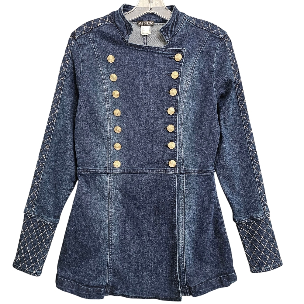 Venus Stretch Dark Denim Double Breasted Longsleeve Military Jacket